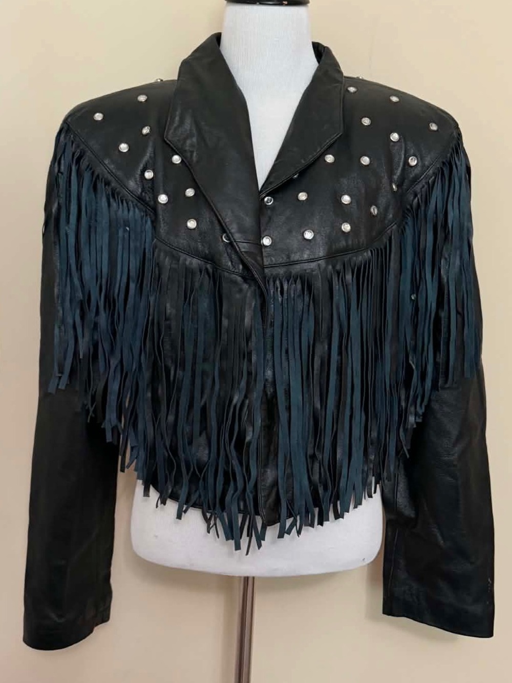 Kelli Kouri Black Leather Fringe Decorative Studs Womens Jacket
